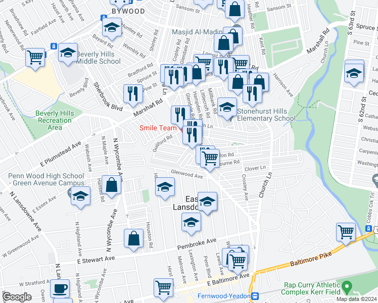 map of restaurants, bars, coffee shops, grocery stores, and more near 7210 Alderbrook Road in Upper Darby
