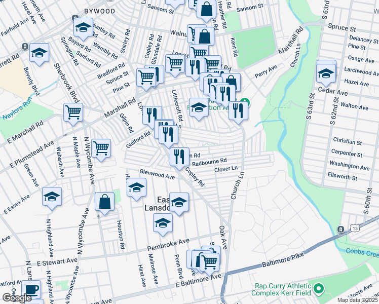 map of restaurants, bars, coffee shops, grocery stores, and more near 7055 Clinton Road in Upper Darby