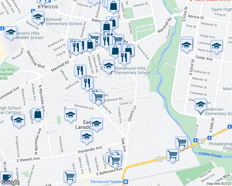 map of restaurants, bars, coffee shops, grocery stores, and more near 6989 Clinton Road in Upper Darby