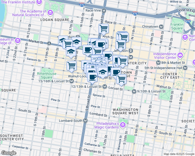 map of restaurants, bars, coffee shops, grocery stores, and more near 1332 Walnut Street in Philadelphia