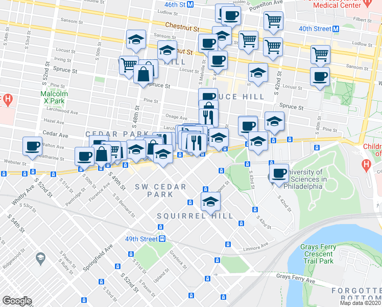 map of restaurants, bars, coffee shops, grocery stores, and more near South Melville Street in Philadelphia