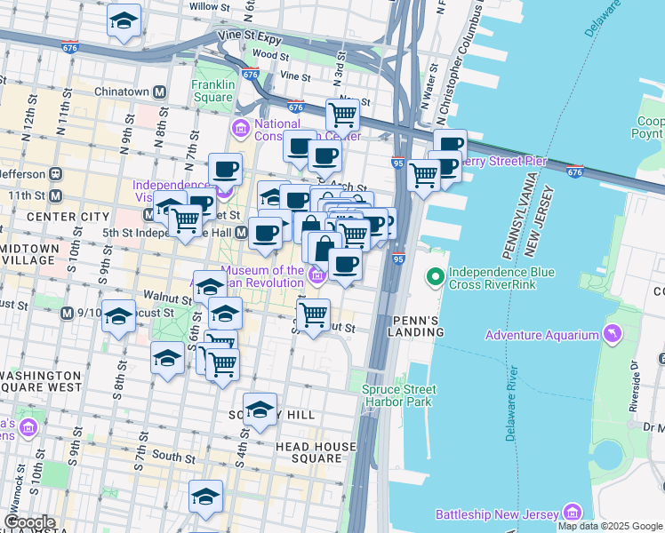 map of restaurants, bars, coffee shops, grocery stores, and more near 10 Strawberry Street in Philadelphia