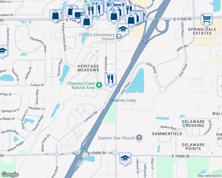 map of restaurants, bars, coffee shops, grocery stores, and more near 11110 Lantern Road in Fishers