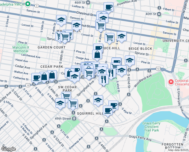 map of restaurants, bars, coffee shops, grocery stores, and more near Baltimore Avenue & South 45th Street in Philadelphia