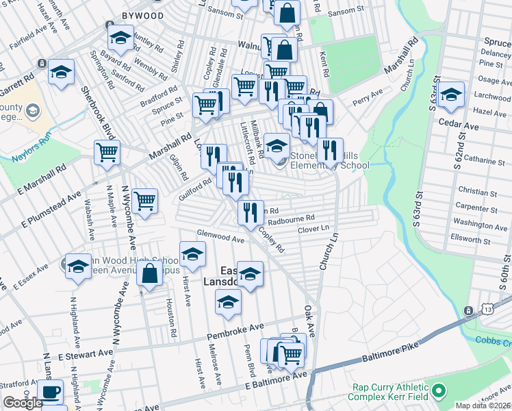 map of restaurants, bars, coffee shops, grocery stores, and more near 621 Littlecroft Road in Delaware County