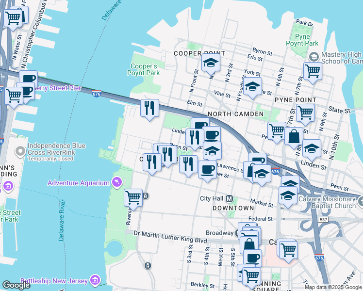 map of restaurants, bars, coffee shops, grocery stores, and more near 107 Penn Street in Camden