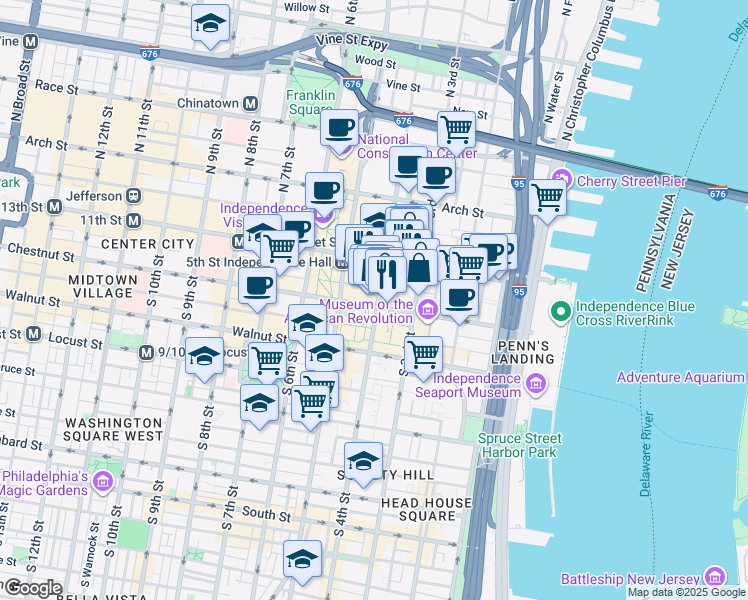map of restaurants, bars, coffee shops, grocery stores, and more near 401 Chestnut Street in Philadelphia