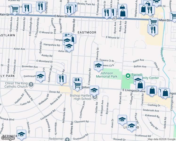 map of restaurants, bars, coffee shops, grocery stores, and more near 1071 South Hampton Road in Columbus