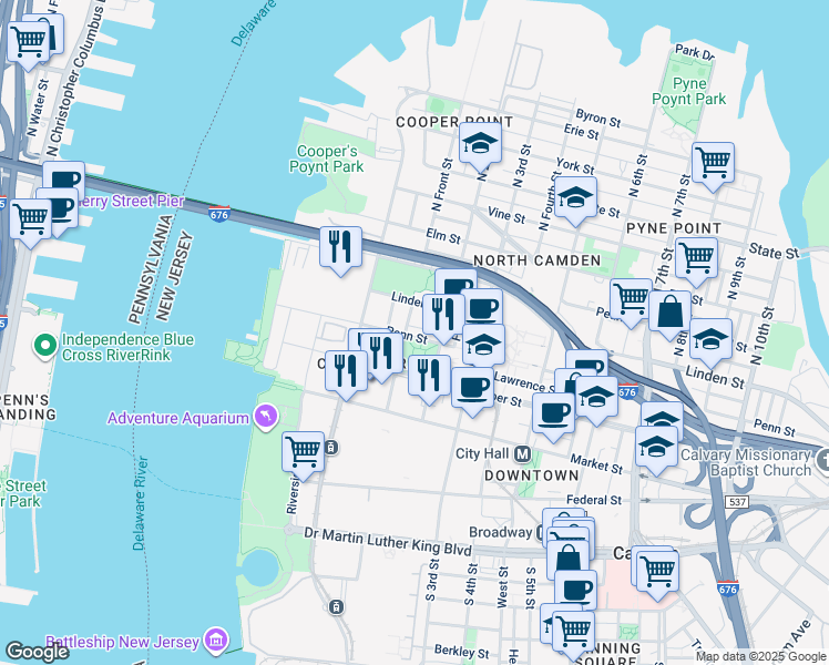 map of restaurants, bars, coffee shops, grocery stores, and more near 107 Penn Street in Camden