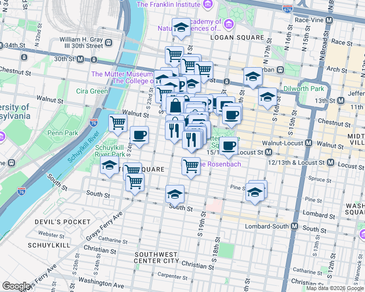 map of restaurants, bars, coffee shops, grocery stores, and more near 259 South 21st Street in Philadelphia