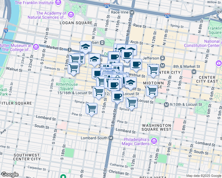 map of restaurants, bars, coffee shops, grocery stores, and more near 127 South 15th Street in Philadelphia