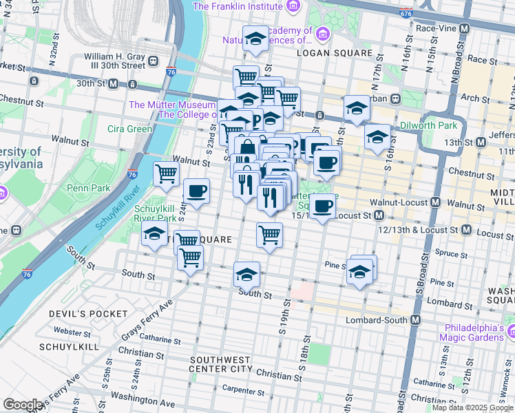 map of restaurants, bars, coffee shops, grocery stores, and more near 2035 Rittenhouse Square in Philadelphia
