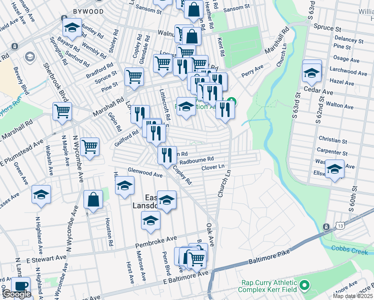 map of restaurants, bars, coffee shops, grocery stores, and more near 7023 Clinton Road in Upper Darby