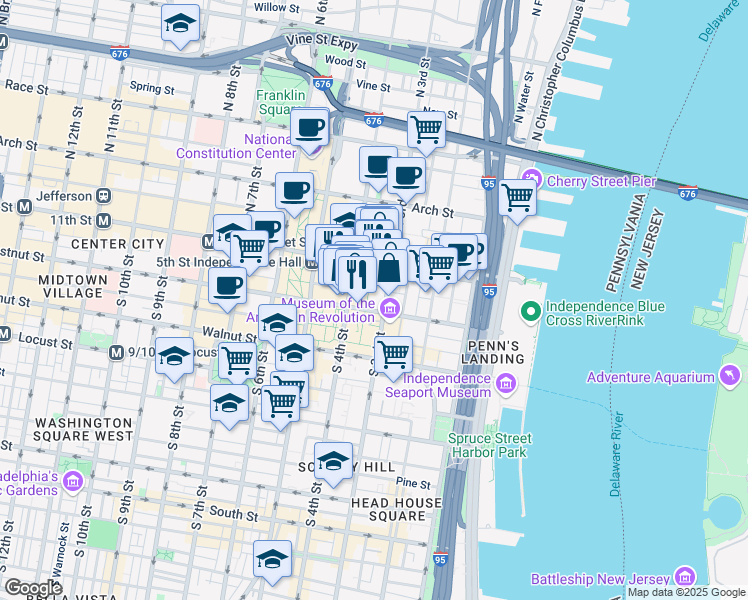 map of restaurants, bars, coffee shops, grocery stores, and more near 315 Chestnut Street in Philadelphia