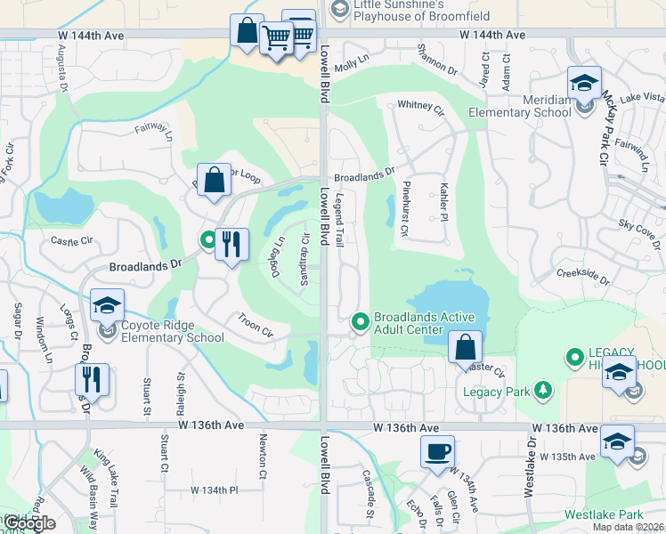 map of restaurants, bars, coffee shops, grocery stores, and more near 13930 Sandtrap Circle in Broomfield
