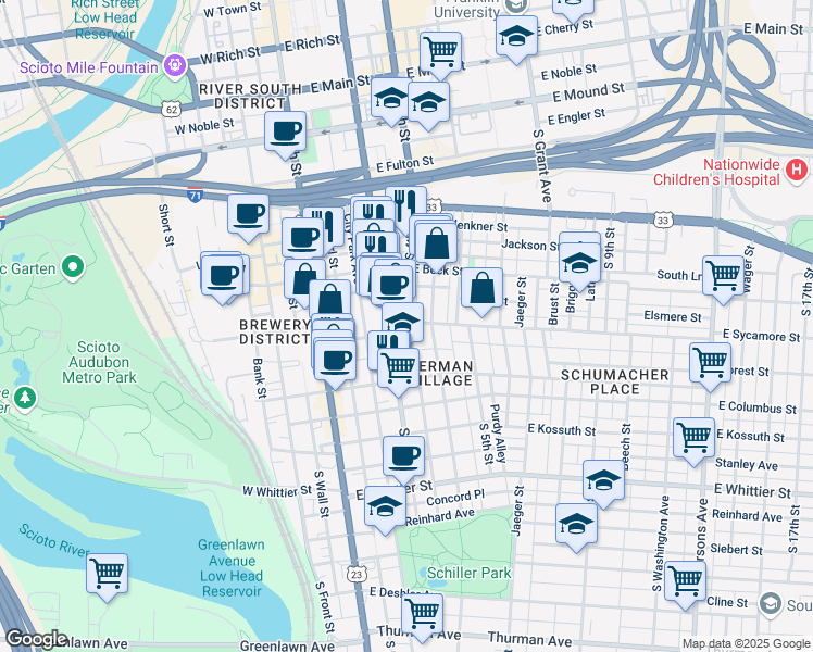 map of restaurants, bars, coffee shops, grocery stores, and more near 630 South 3rd Street in Columbus