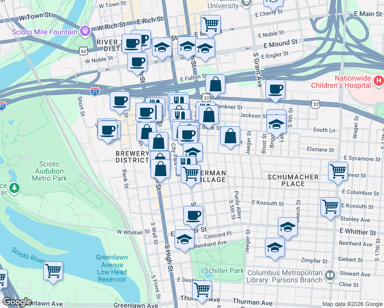 map of restaurants, bars, coffee shops, grocery stores, and more near 630 South 3rd Street in Columbus