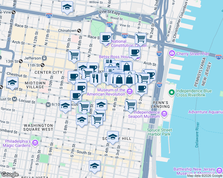 map of restaurants, bars, coffee shops, grocery stores, and more near 421 Chestnut Street in Philadelphia