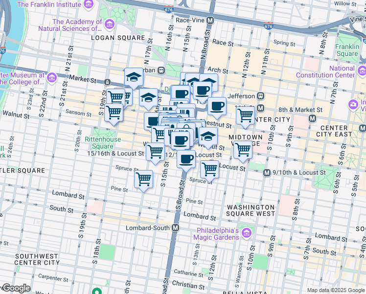 map of restaurants, bars, coffee shops, grocery stores, and more near 200 South Broad Street in Philadelphia