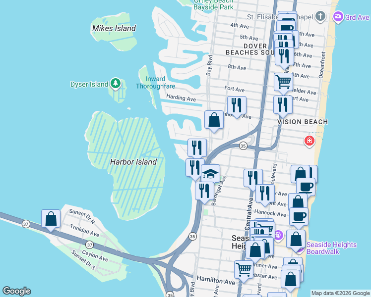 map of restaurants, bars, coffee shops, grocery stores, and more near 450 Hiering Avenue in Seaside Heights