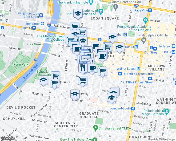 map of restaurants, bars, coffee shops, grocery stores, and more near 226 West Rittenhouse Square in Philadelphia