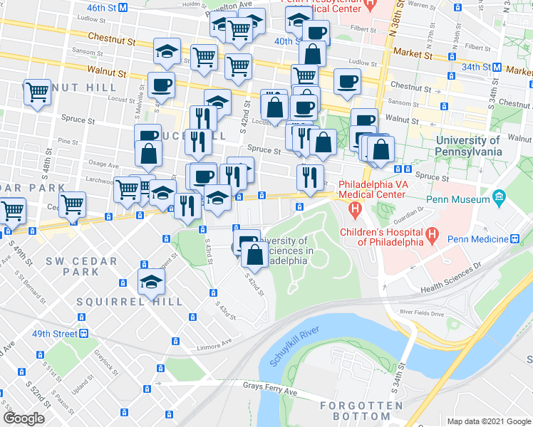 map of restaurants, bars, coffee shops, grocery stores, and more near 519 South 41st Street in Philadelphia
