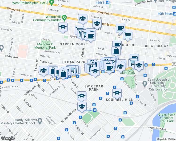 map of restaurants, bars, coffee shops, grocery stores, and more near 4710 Cedar Ave in Philadelphia