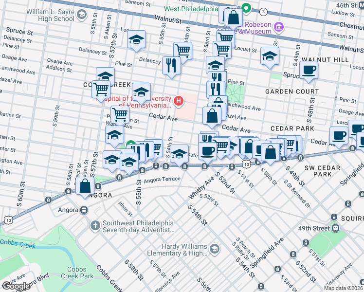 map of restaurants, bars, coffee shops, grocery stores, and more near 5311 Catharine Street in Philadelphia