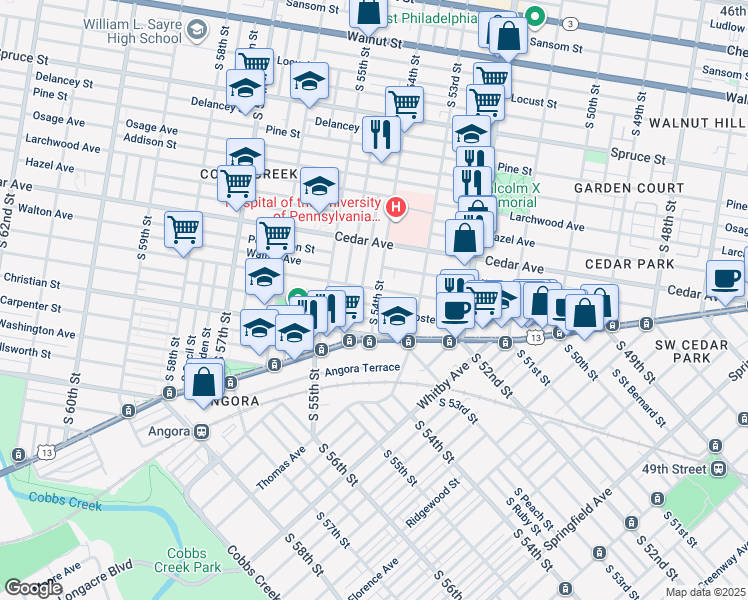 map of restaurants, bars, coffee shops, grocery stores, and more near 5401 Webster Street in Philadelphia