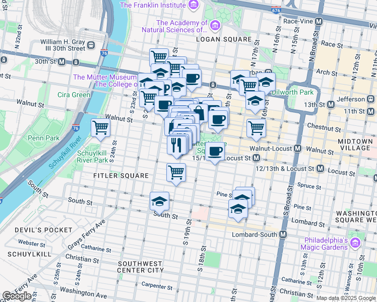 map of restaurants, bars, coffee shops, grocery stores, and more near 224 West Rittenhouse Square in Philadelphia