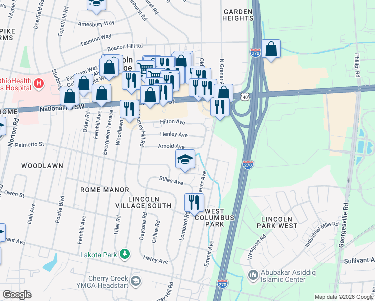 map of restaurants, bars, coffee shops, grocery stores, and more near 4674 Arnold Avenue in Columbus