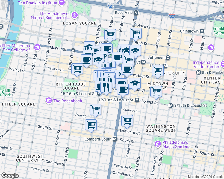 map of restaurants, bars, coffee shops, grocery stores, and more near 211 South 15th Street in Philadelphia
