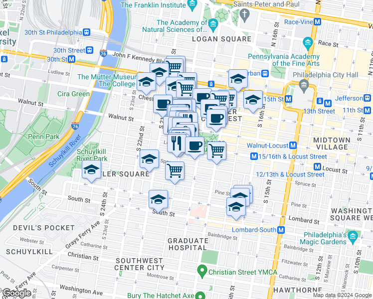 map of restaurants, bars, coffee shops, grocery stores, and more near 233 South 20th Street in Philadelphia