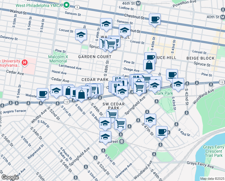 map of restaurants, bars, coffee shops, grocery stores, and more near 4712 Cedar Avenue in Philadelphia