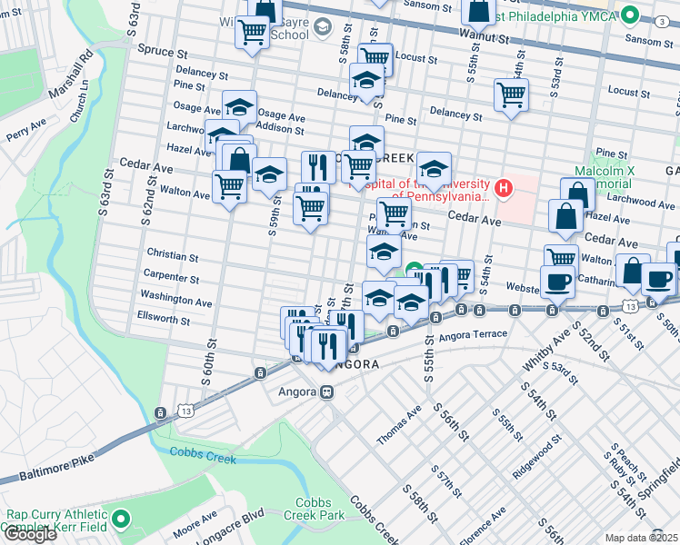 map of restaurants, bars, coffee shops, grocery stores, and more near 747 South Alden Street in Philadelphia