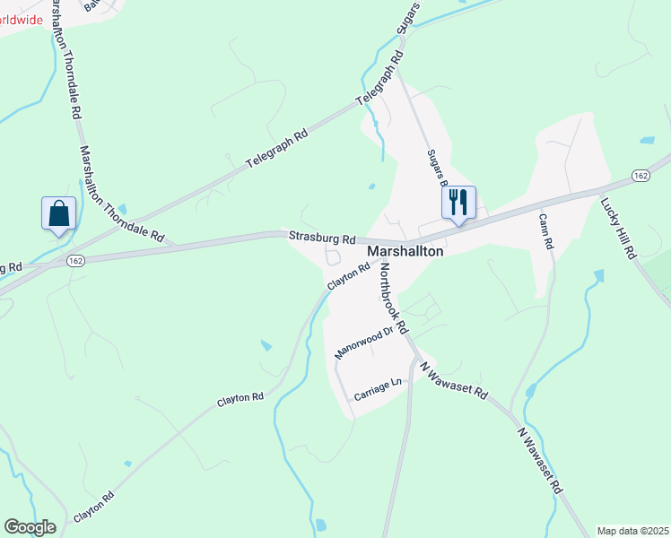 map of restaurants, bars, coffee shops, grocery stores, and more near 1114 Bordley Lane in West Chester