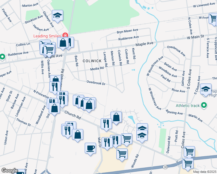 map of restaurants, bars, coffee shops, grocery stores, and more near 201 Lenape Road in Cherry Hill