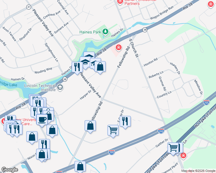 map of restaurants, bars, coffee shops, grocery stores, and more near 263 Fellowship Road in Moorestown