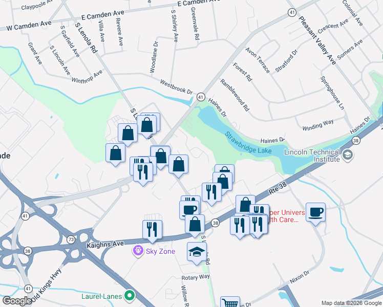 map of restaurants, bars, coffee shops, grocery stores, and more near 92 Foxwood Drive in Moorestown