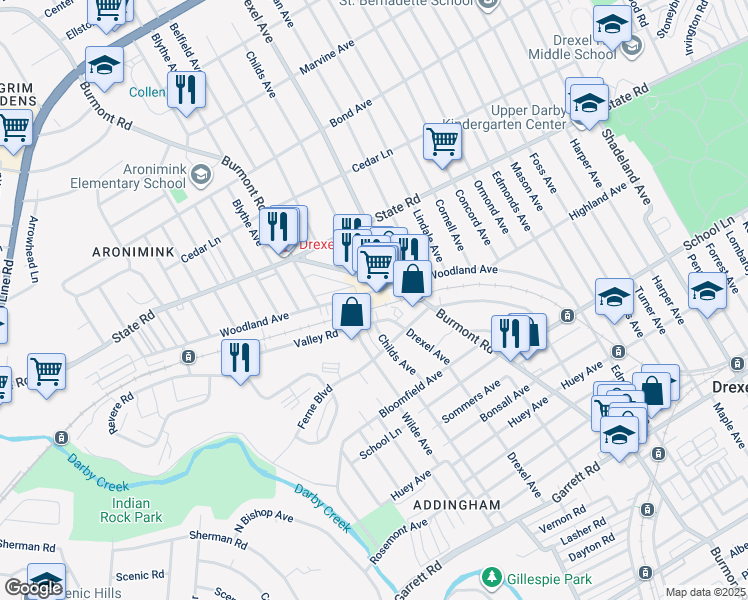 map of restaurants, bars, coffee shops, grocery stores, and more near 4300 Woodland Avenue in Drexel Hill