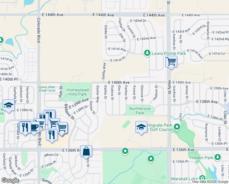 map of restaurants, bars, coffee shops, grocery stores, and more near 13972 Eudora Street in Thornton