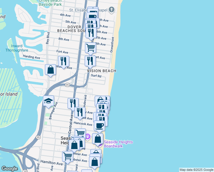 map of restaurants, bars, coffee shops, grocery stores, and more near 4 Colony Road in Seaside Heights