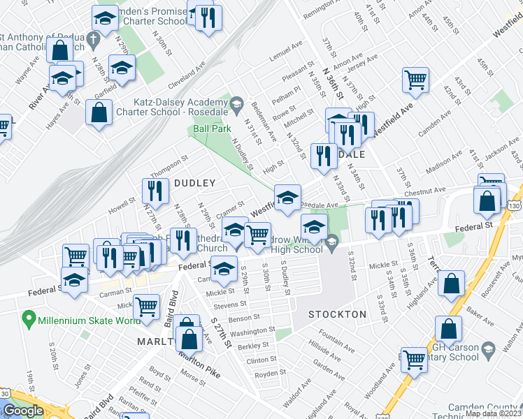 map of restaurants, bars, coffee shops, grocery stores, and more near 101 North Dudley Street in Camden