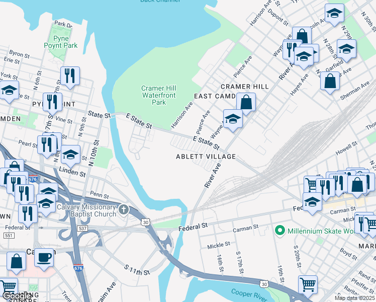 map of restaurants, bars, coffee shops, grocery stores, and more near 1198 East State Street in Camden