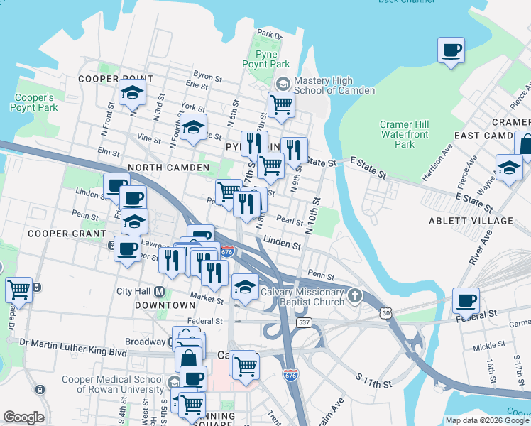 map of restaurants, bars, coffee shops, grocery stores, and more near 500 North 7th Street in Camden