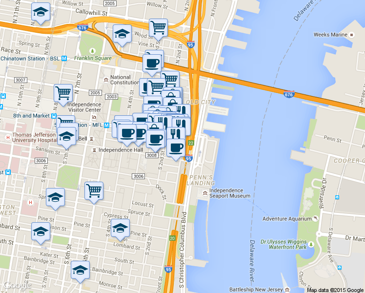 map of restaurants, bars, coffee shops, grocery stores, and more near 4 South Front Street in Philadelphia