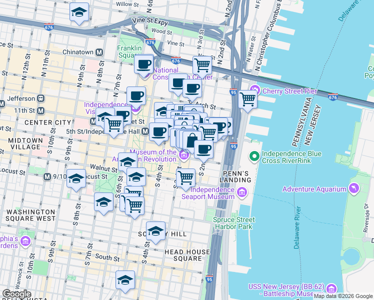 map of restaurants, bars, coffee shops, grocery stores, and more near 321 South 4th Street in Philadelphia