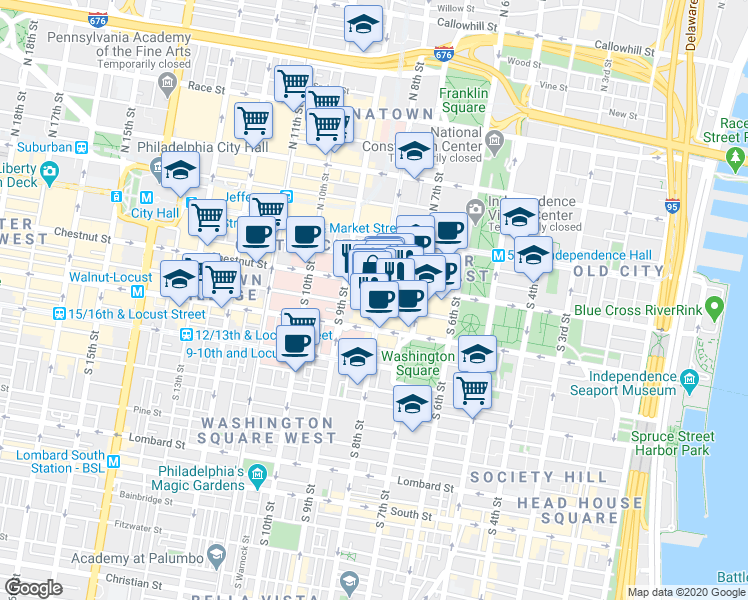 map of restaurants, bars, coffee shops, grocery stores, and more near 812 Chestnut Street in Philadelphia
