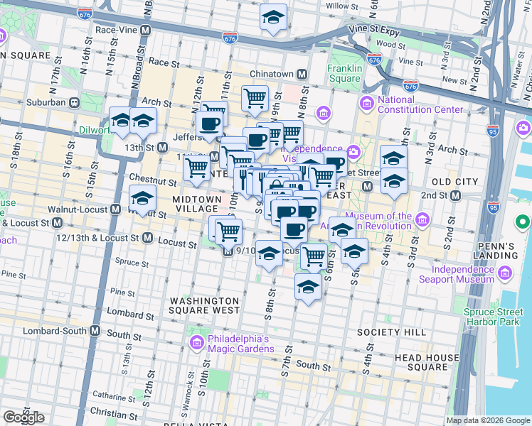 map of restaurants, bars, coffee shops, grocery stores, and more near 812 Chestnut Street in Philadelphia