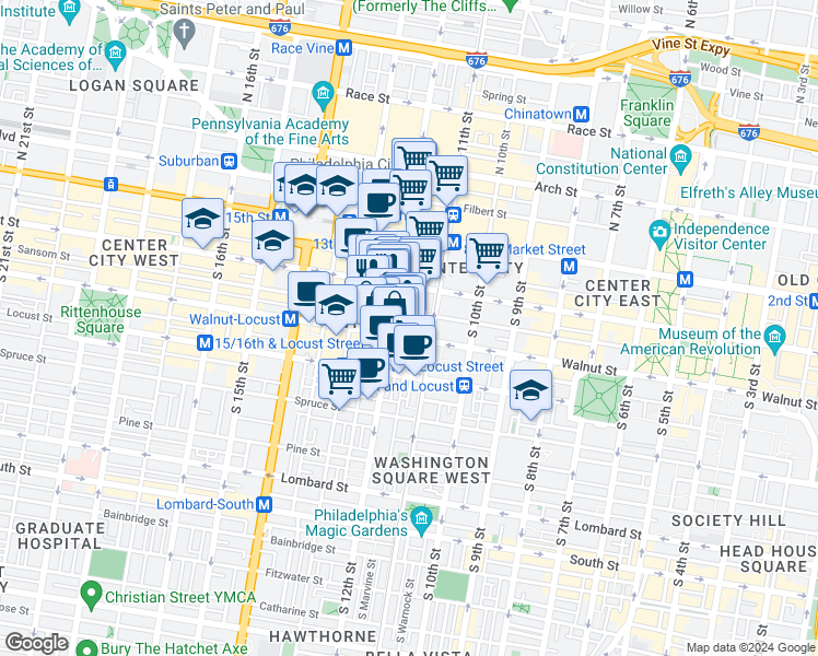 map of restaurants, bars, coffee shops, grocery stores, and more near 1214 Walnut Street in Philadelphia